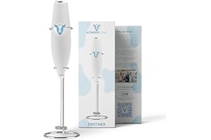WonderCow Milk Frother Hand Mixer, Stainless Steel Electric Matcha Whisk, Handheld Mixer for Coffee, Greens, Protein & More, Battery Operated, Easy to Clean & Includes Whisk Stand (White)