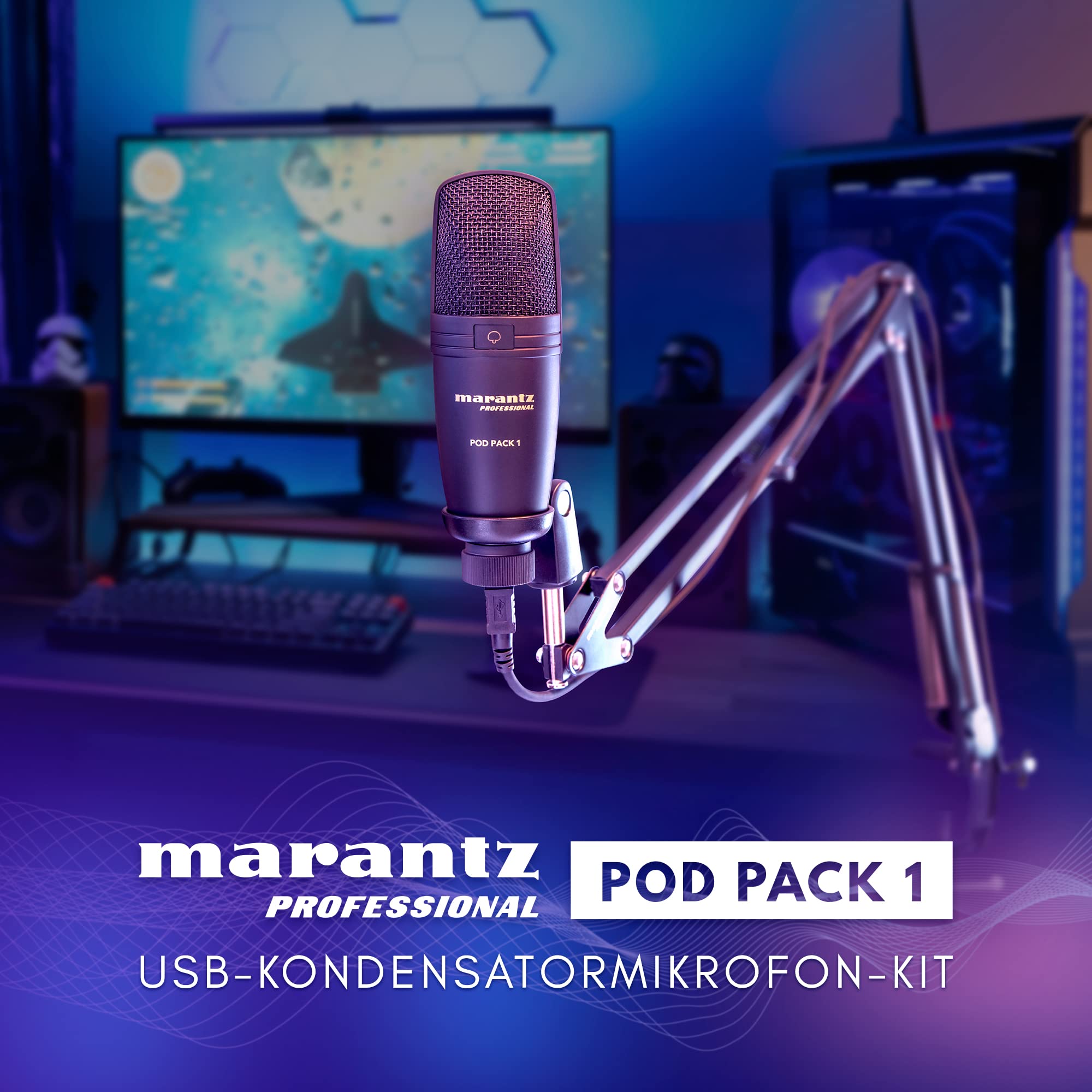 Marantz Professional Pod Pack 1 - USB Kondensator Mikrofon Kit für Gaming, Streaming und Podcasting mit integriertem Audio Interface, verstellbarem Mikrofonarm, Tischklemme, Plug-und-Play 8