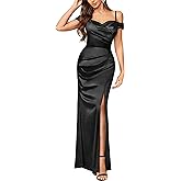 Miusol Women's Sexy Off Shoulder Satin High Split Ruched Style Evening Party Maxi Dress