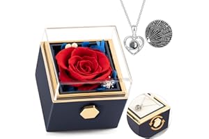 HIAGROW Mothers Day Rose Gifts for Mom,Preserved Real Red Rose Rotating Box with I Love You Necklace 100 Languages, Forever Flower Rotating Jewelry Box Gifts for Women Mom Grandma Wife Girlfriend