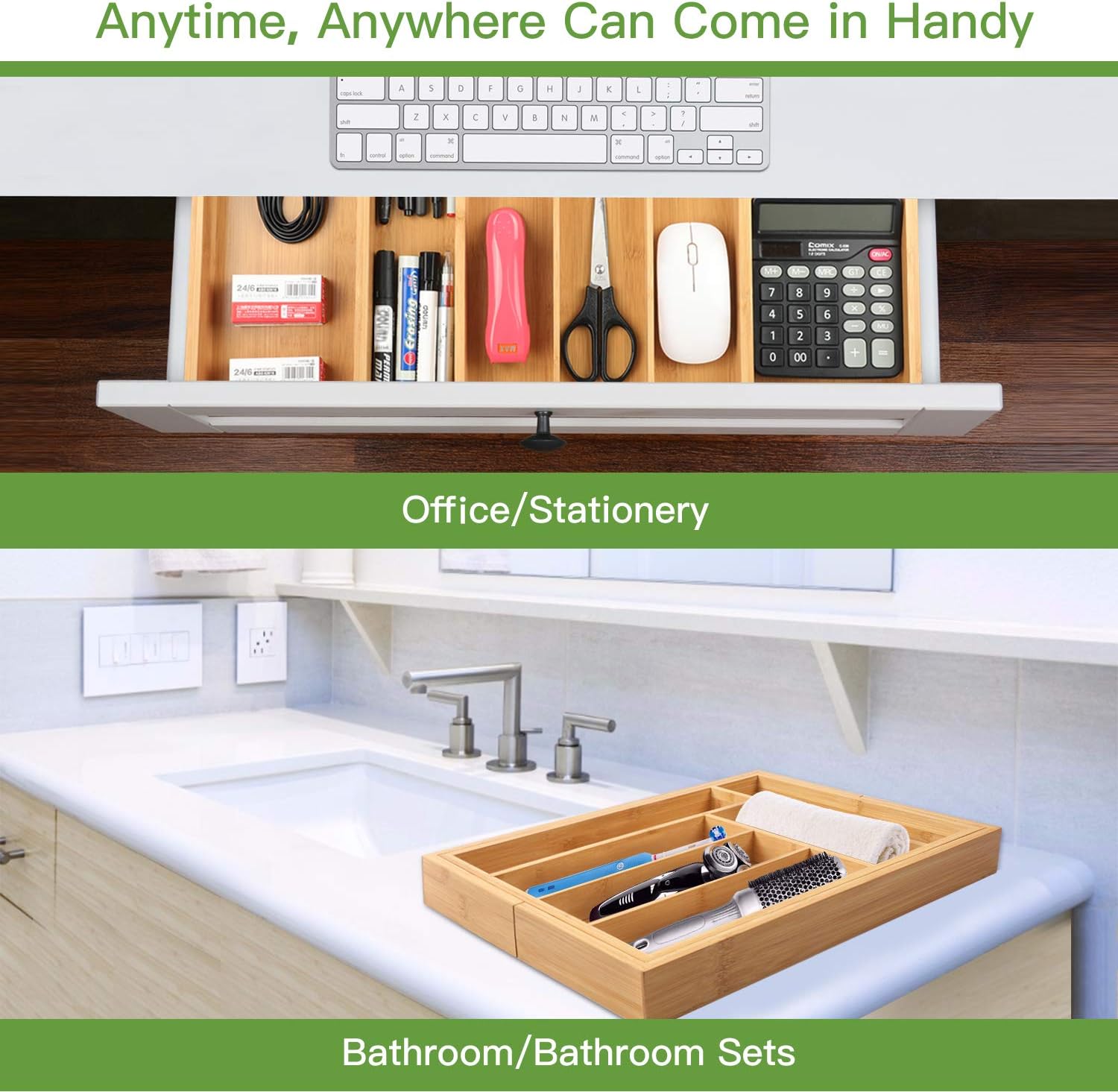 Bamboo Expandable Drawer Organizer for Utensils Holder, Adjustable Cutlery Tray, Wood Drawer Dividers Organizer for Silverware, Flatware, Knives in Kitchen, Bedroom, Living Room by Pipishell -