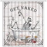 YOZSLGU Funny Skeleton Skull Shower Curtain Get Naked Bathtub Gothic Spooky Halloween Retro Wooden Board Fabric Bathroom Decor Curtains Set with Hooks, 70