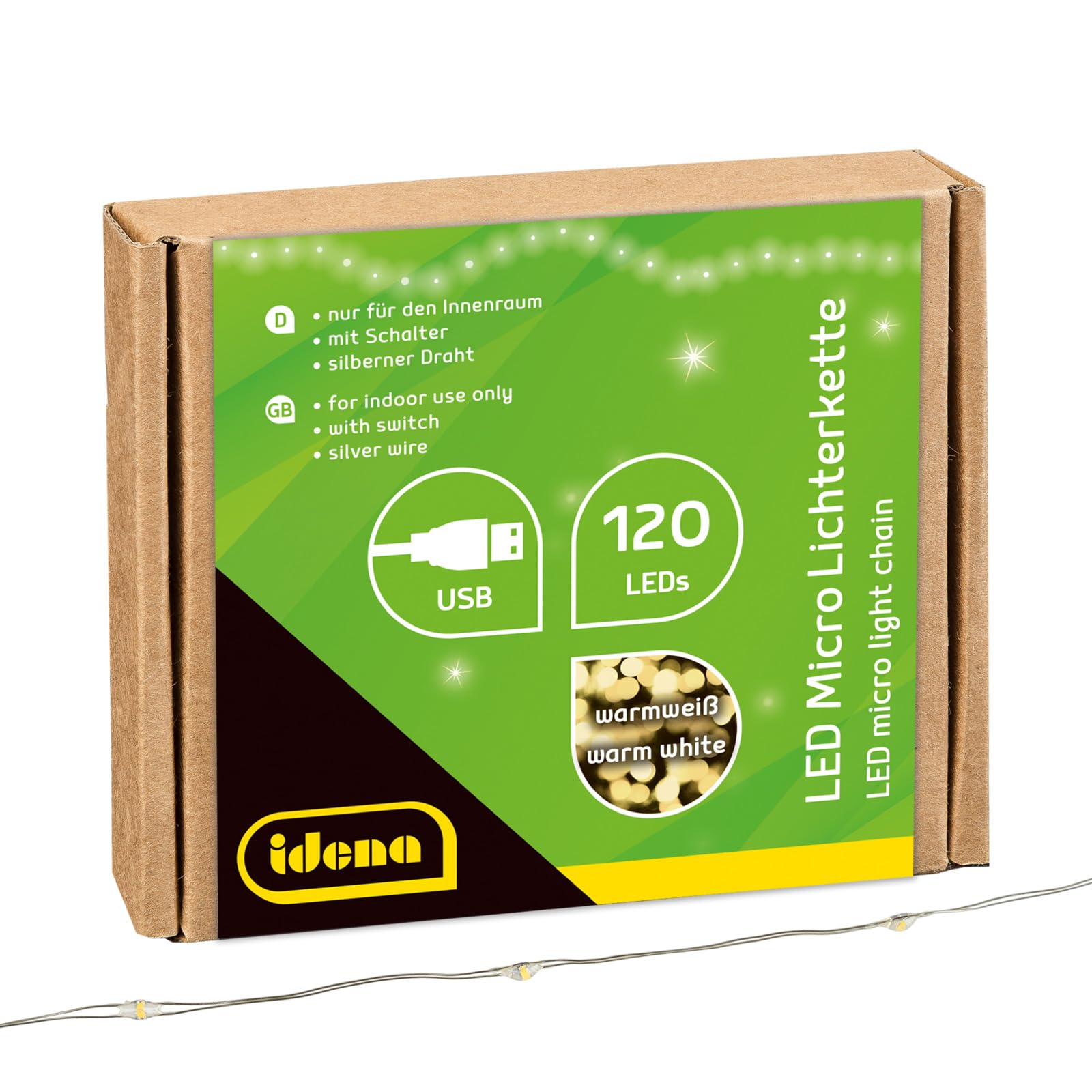 Idena 31483 LED Micro Fairy Lights with 120 LEDs in Warm White, with USB Plug and Switch, Approx. 13.5 m Long, Decoration for Indoors, Crafts, Party Decoration, Christmas Decoration, Weddings