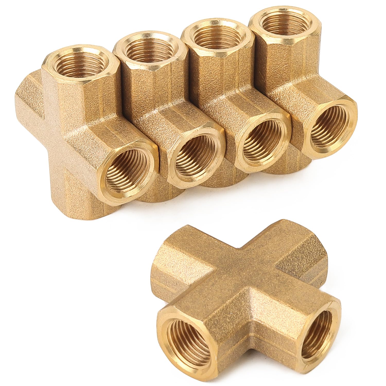 LTWFITTING Brass BSP Pipe Female Cross Fitting 1/8-Inch BSPP 4 Way Fuel Air Water (Pack of 5)
