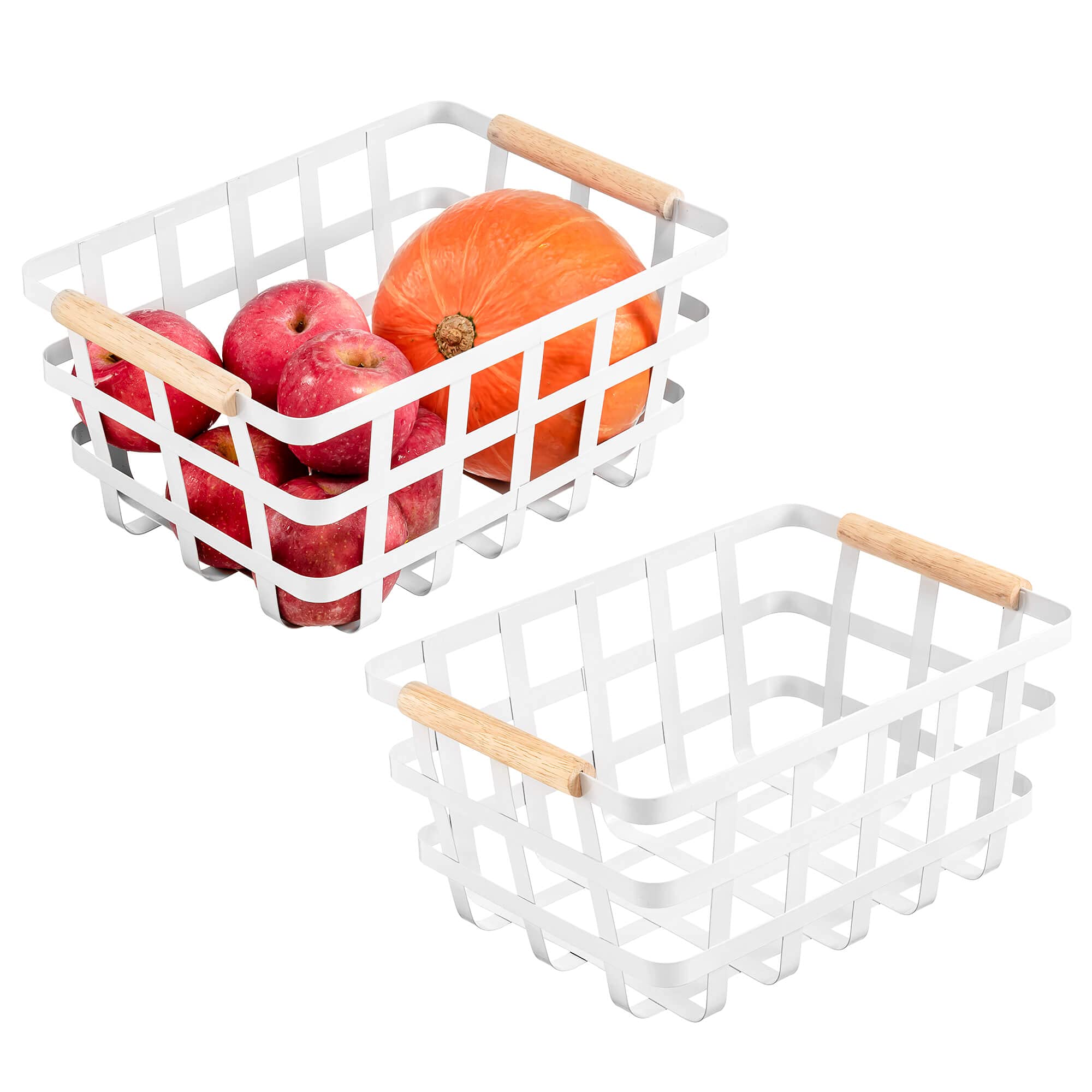 Photo 1 of Alonsoo Wire Metal Baskets Storage Organizer Farmhouse Baskets with Wood Handles for Pantry Cabinets Store Fruit, Coffee, Spices, Pasta, Baking Supplies - White