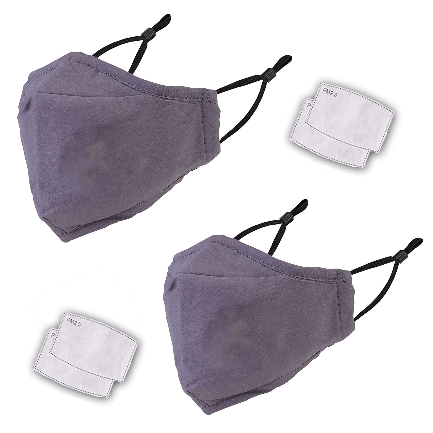 WedDecor Breathable Cotton Face Mask, Machine Washable, Reusable Safety Masks, Comfortable & Stretchable Drawstring Elastic, Face Covering, With Filter, Grey - 2pcs