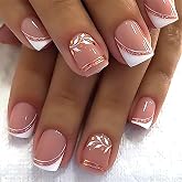 Stbisen French Press On Nails Short Square, 30Pcs Nude Fake Nails with White French Tip and Minimalist Purple and Gold Line Design, Glossy Gel Acrylic Nails, Natural Reusable Glue On Nails for Women