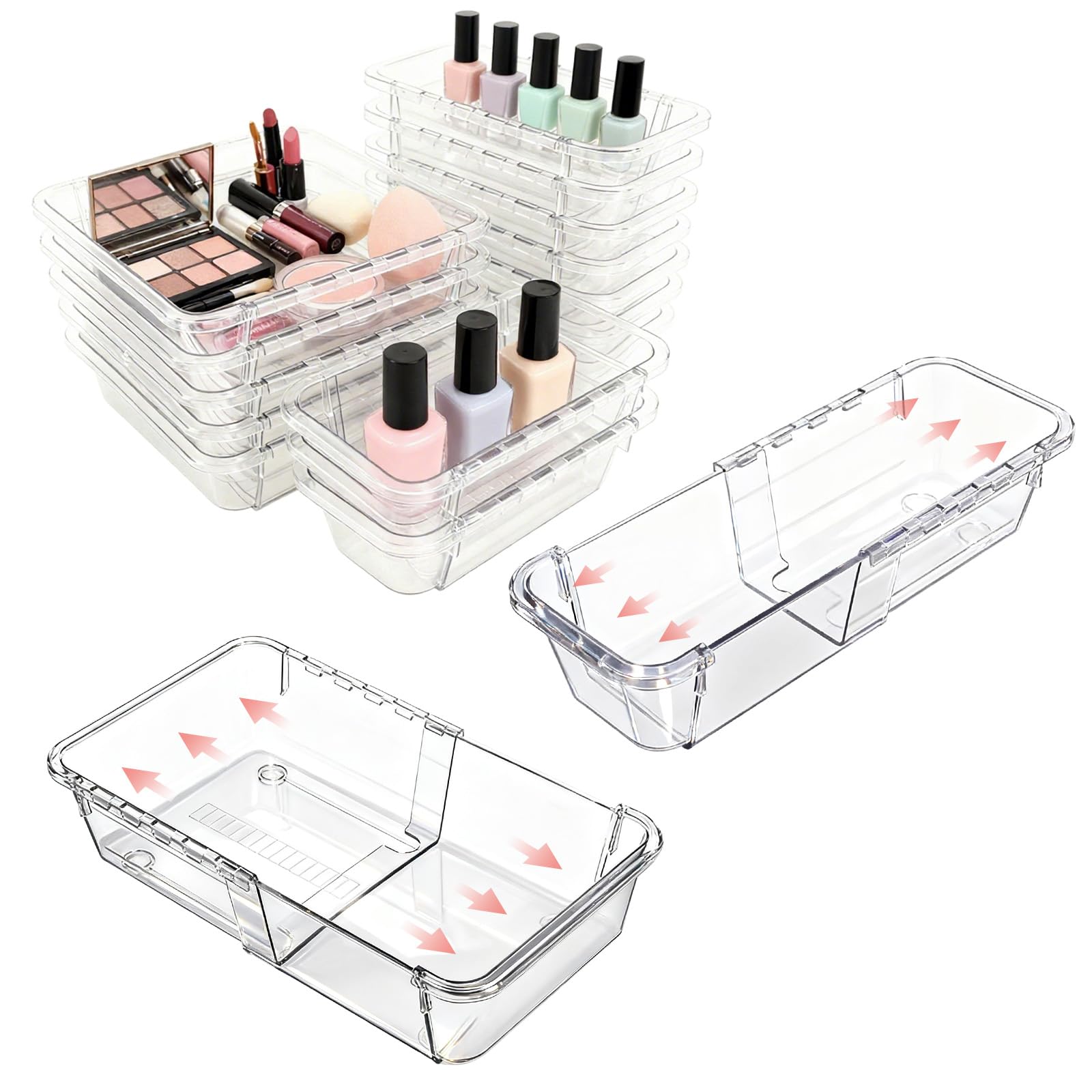 Photo 1 of 15 Pcs Extendable Drawer Organizer, 2 Sizes Adjustable Makeup Organizer For Drawer, Bathroom Drawer Organizer Tray, Clear Acrylic Vanity Storage Bin for Makeup, Cosmetic, Desk Drawer Organizer