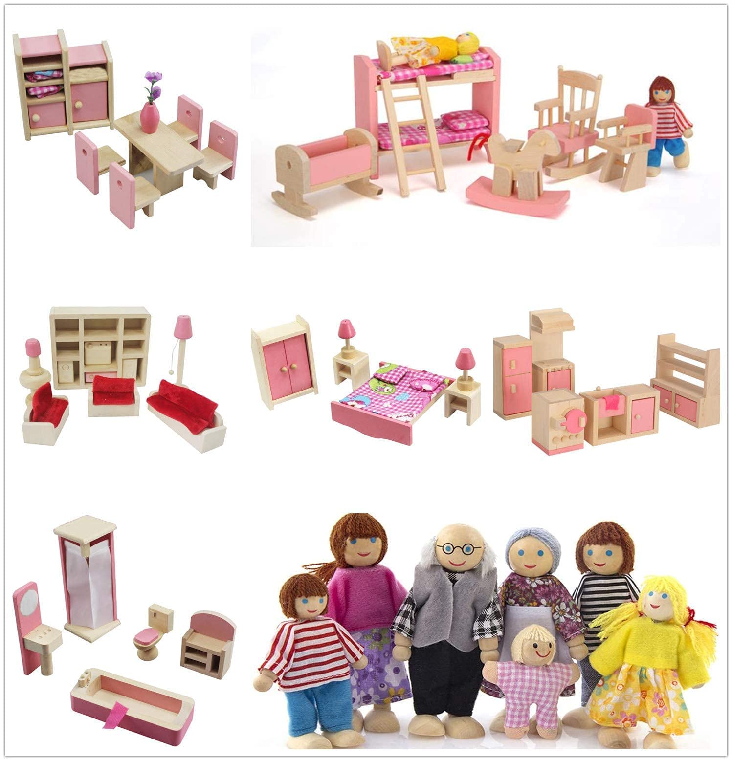 DecoBay Wooden Dolls House Furniture 4, 5 or 6 Room: Bedroom, Kitchen, Bathroom and Living Room with Family Dolls (6 Sets of Rooms and 7 Family Doll)
