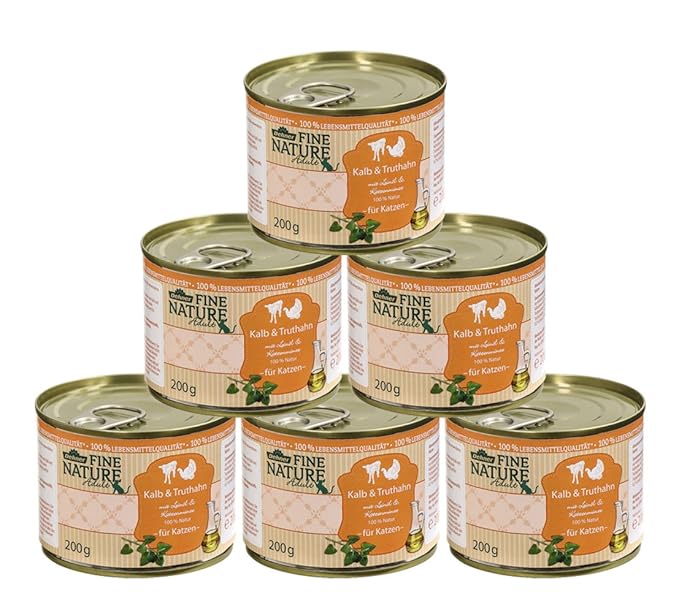 Dehner Fine Nature Katzenfutter Adult, Lebensmittelqualität, Kalb und Truthahn, 6 x 200 g (1200 g)
