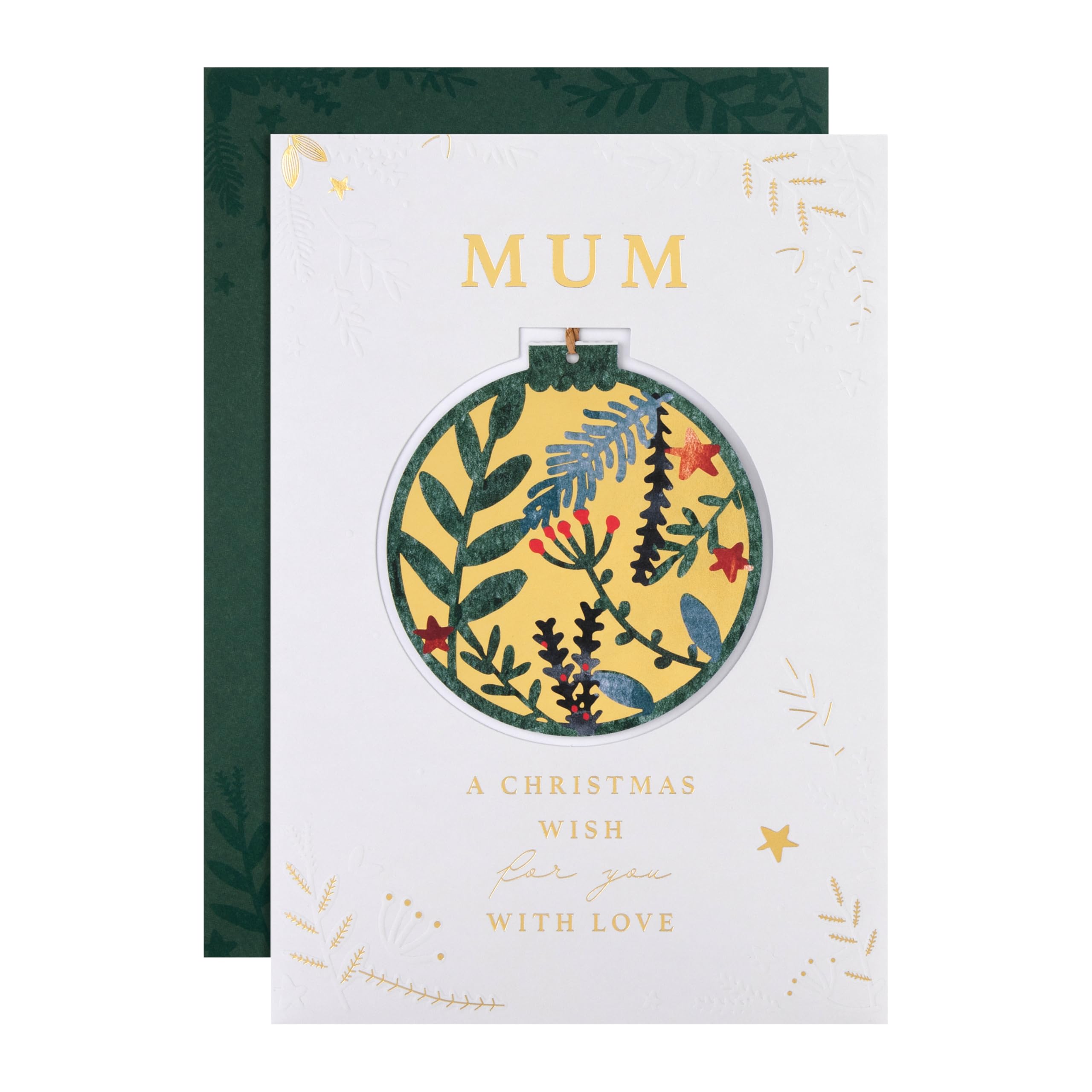 Hallmark Mum Christmas Card, Traditional Foliage & Bauble Design, Christmas Card for Mum, Gold