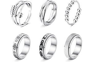 SAILIMUE 4/6/8/9 Pcs Fidget Anxiety Ring for Women Men Stainless Steel Spinner Ring for Anxiety Bead Flower Sun Moon Star Stress Relieving 6mm Band Rings Set