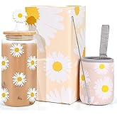 Dosuarue Daisy Aesthetic Cups, Iced Coffee Cup, 16 oz Cute Glass Cups with Lids and Straws - Flower Mug Cup, Drinking Glass Tumbler - Christmas, Birthday Gifts for Women Friend Sister Her