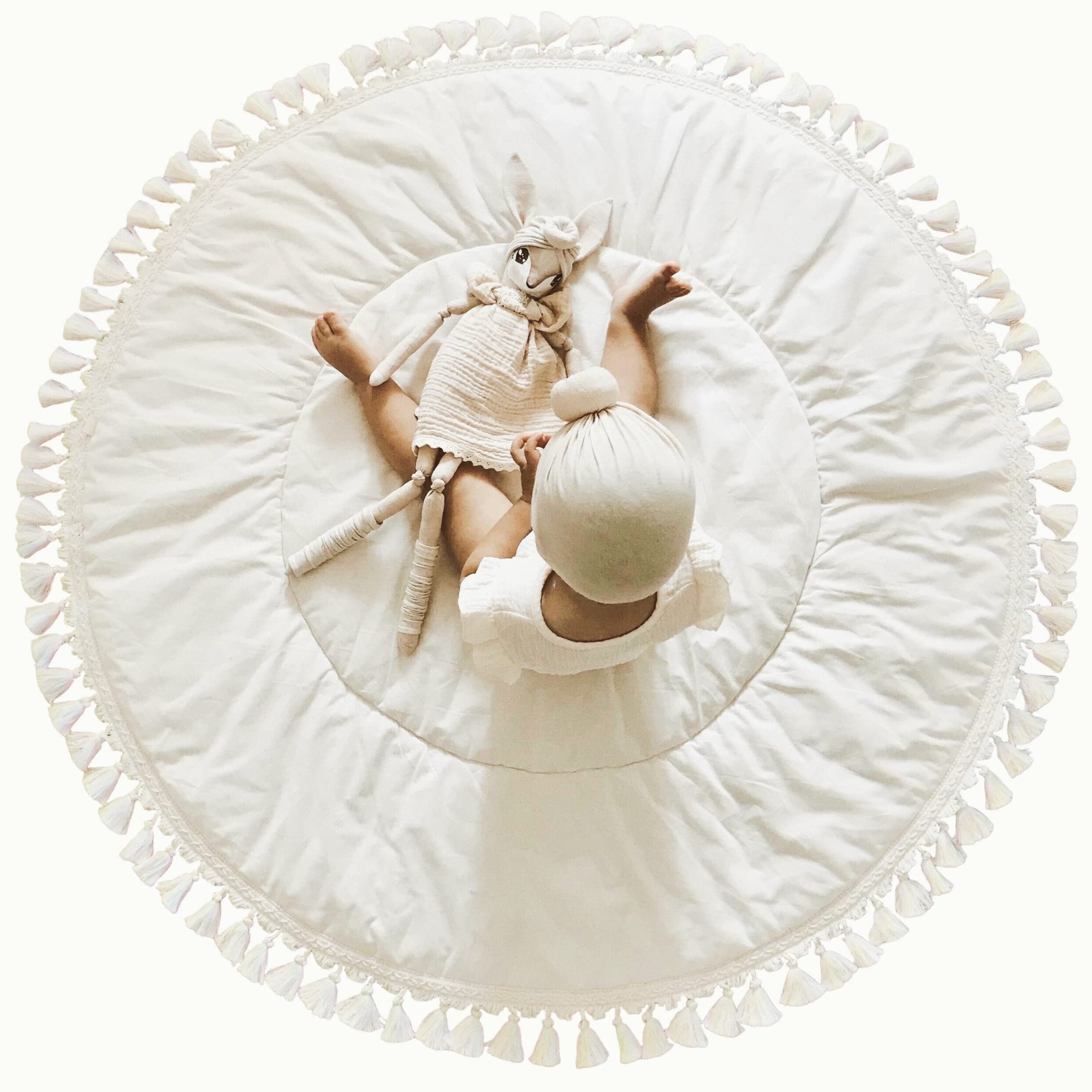 MINICAMP Padded Kids Play Mat - Floor Mat for Children 45” Wide - Soft Activity Mat for Floor Play - Round Teepee Pad from 100% OEKO-TEX® Certified Cotton - Nursery Rug with Tassel Décor