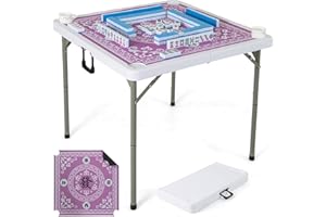 GYMAX Mahjong Table Foldable with Mahjong Mat, 4-Player Square Domino Table w/Cup Holders & Carrying Handle, Anti Slip Noise Reduction for Mahjong, Poker, Card Board Games (Pink)