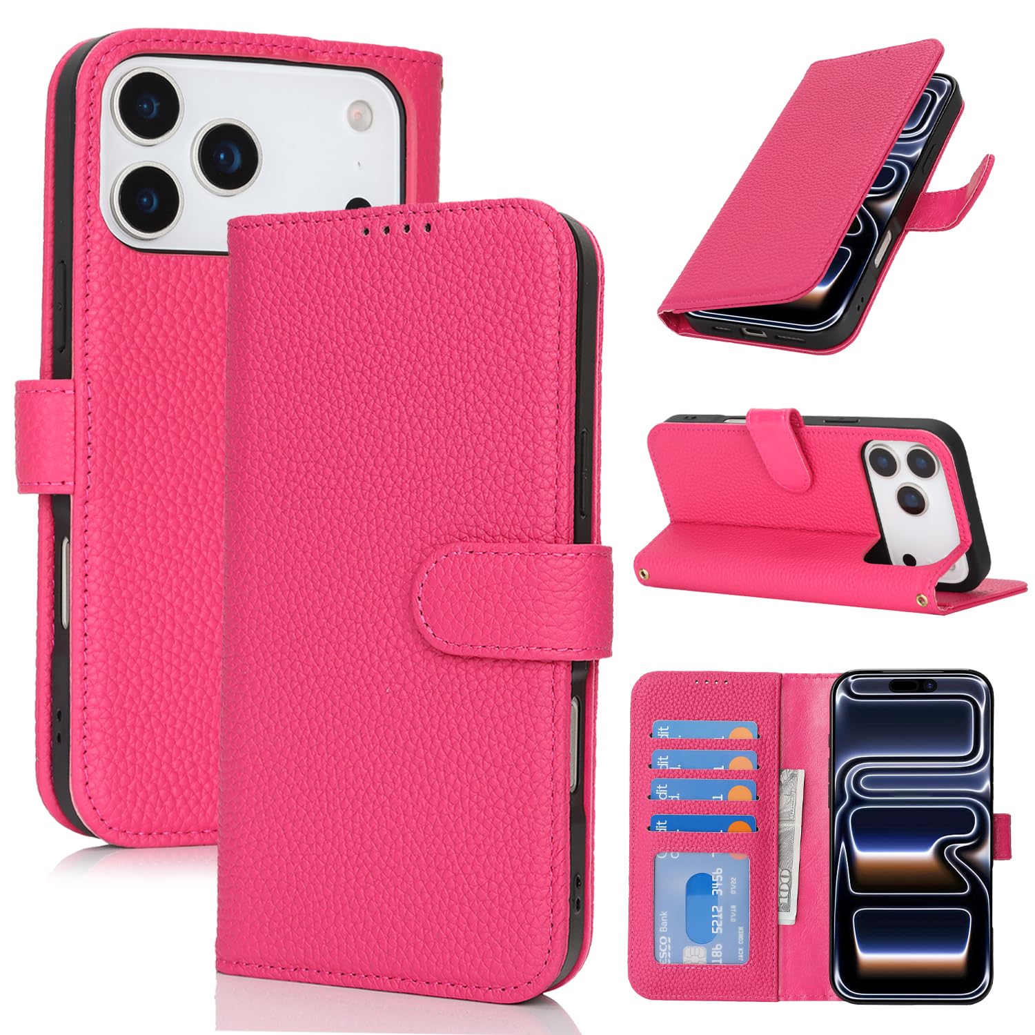 Zouzt Case for iPhone 17 Pro Genuine Leather Wallet Case with 4 Card Slot, RFID Blocking Card Holder Magnetic Flip Folio Kickstand Shockproof Phone Cover Women Men - Rose Red