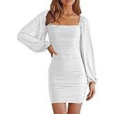 MASCOMODA Women Elegant Square Neck Lantern Long Sleeve Mini Ruched Bodycon Dress Stretch Mesh Slim Party Cocktail Dresses