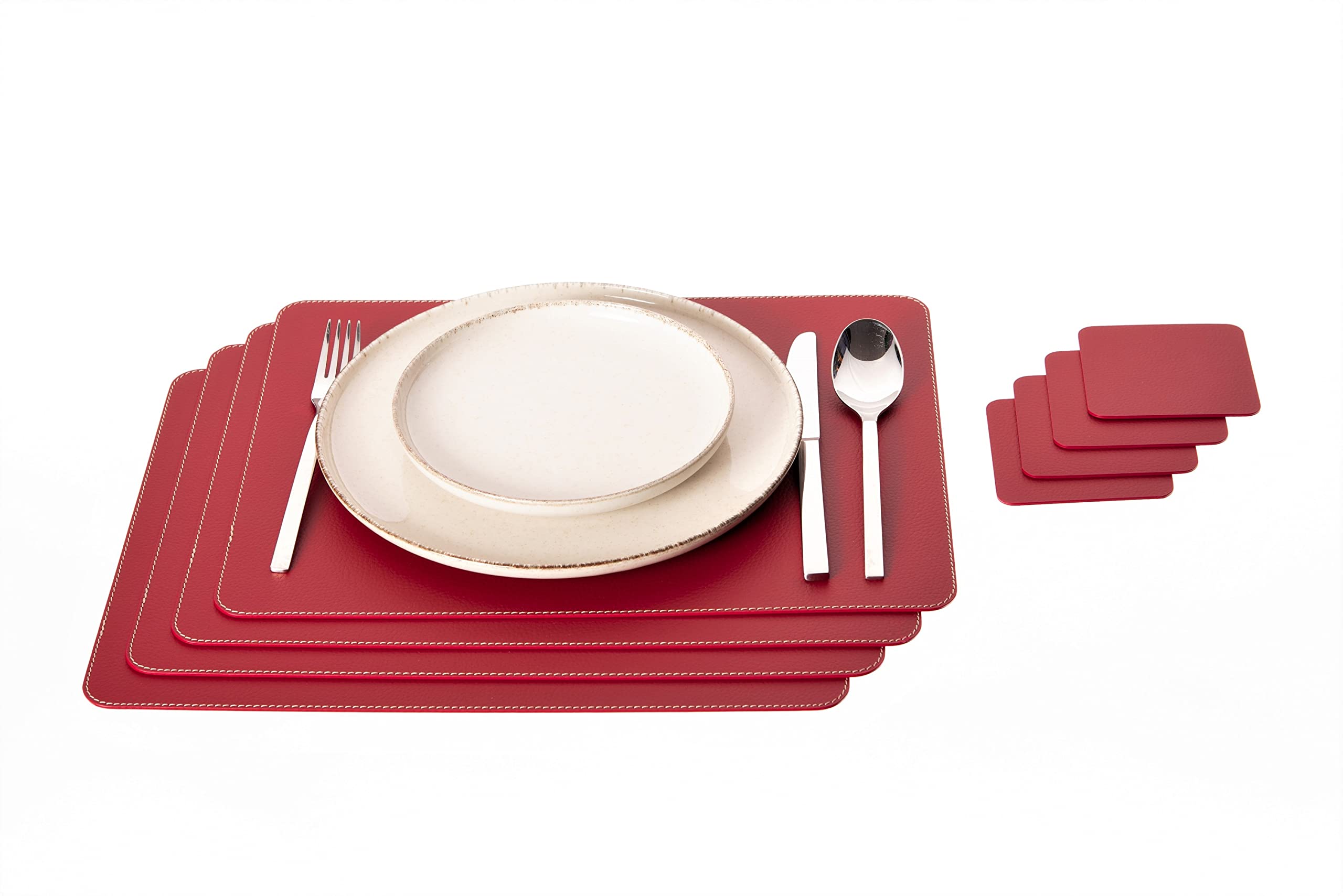 Nikalaz Set of Placemats and coasters, 4 table mats and 4 coasters, Place Mats, Recycled leather (Christmas Red, 45.7 x 33.02 cm)