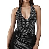 Naileksi Women Y2k Glitter Rhinestone Halter Crop Tank Top Sexy Plunge V Neck Backless Slim Fit Crop Cami Shirt Clubwear