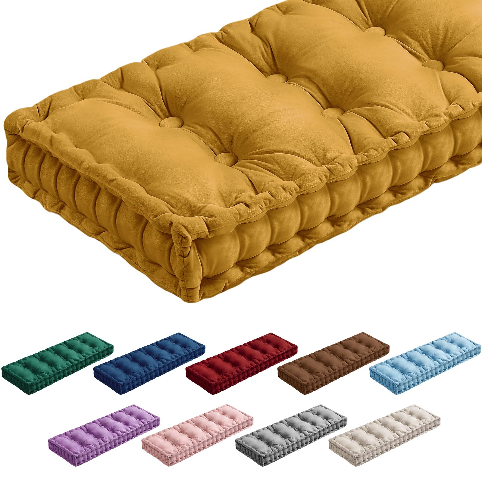 Photo 1 of Threehoney Bench Cushions for Indoor Furniture 42x16 in Velvet Kitchen Dining Piano Window Seat Cushion, Tufted Patio Porch Swing Thicken Bench Pad Memory Foam(Yellow)