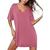 Ekouaer Nightgowns for Women Bamboo Viscose Sleepshirt Short sleeve Nightshirt V Neck T shirt Night gown Boyfriend Sleepwear