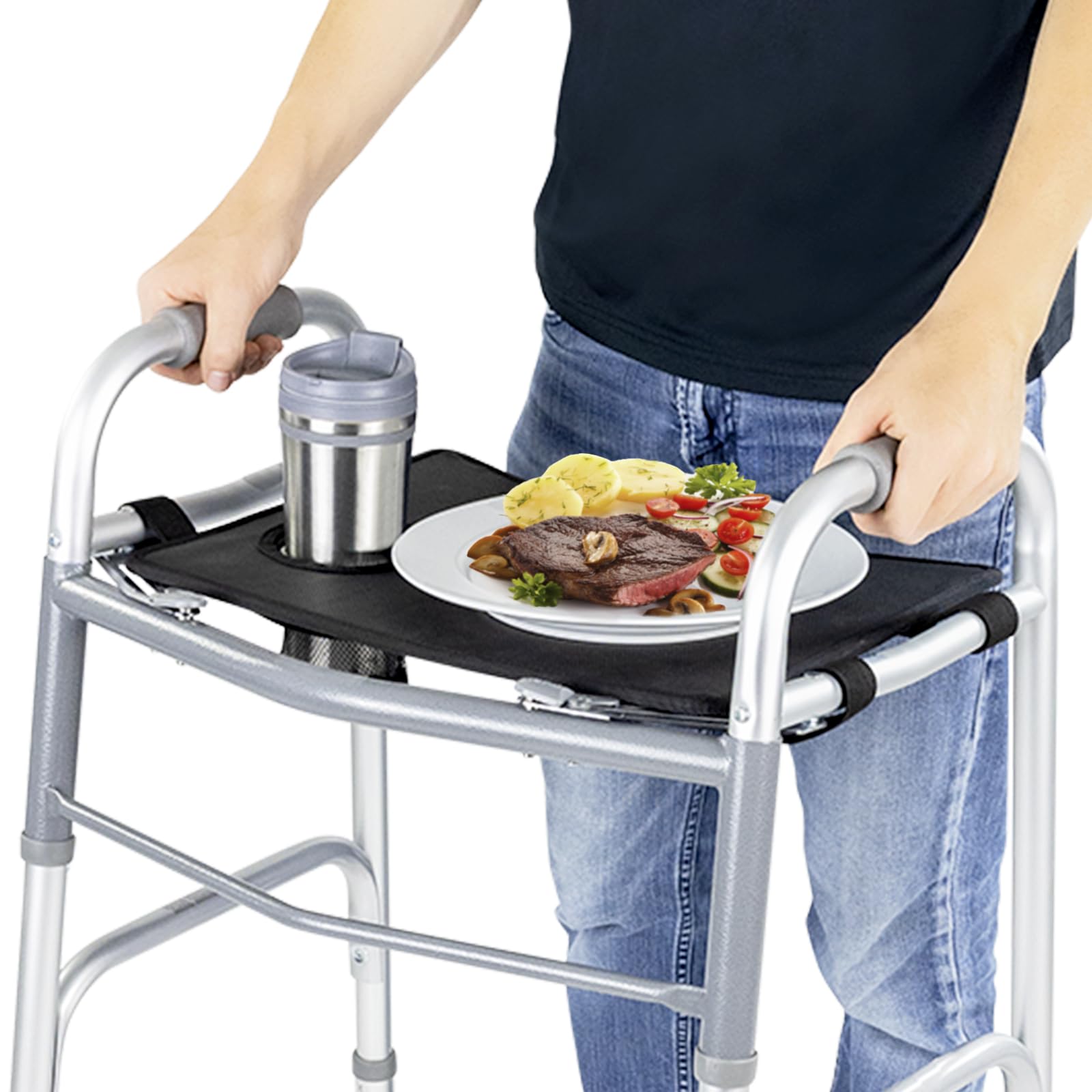 Photo 1 of Vive Walker Tray for Folding Walker - (w/Cup Holder) - Adult Mobility Accessories - Fits Standard Walkers - Medical Table for Seniors Non Slip Mat for Food - Removable & Easy Assembly (Black)