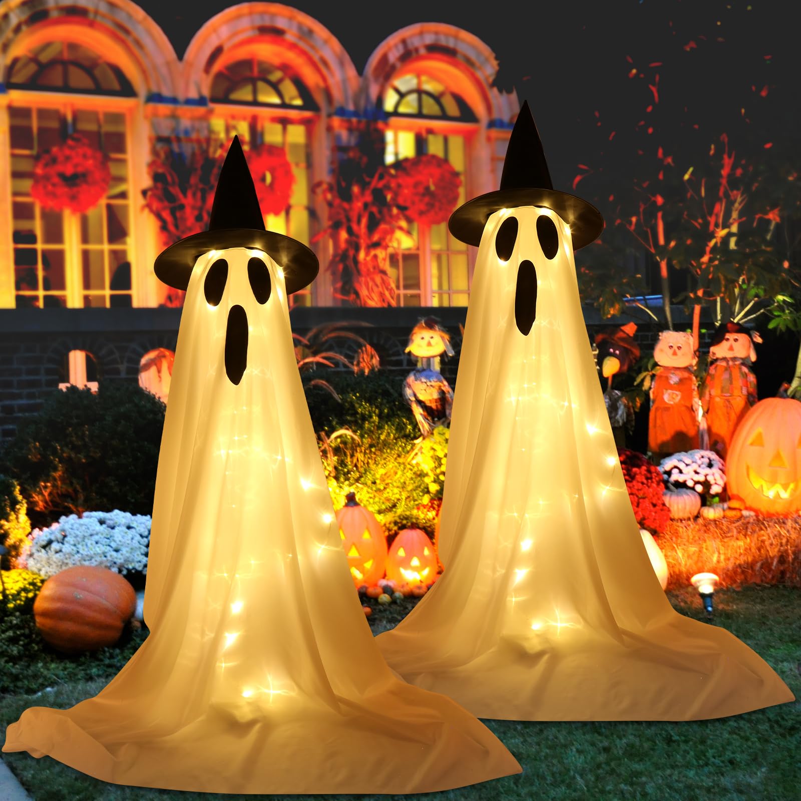Photo 1 of 2 Packs Halloween Decorations Outdoor Indoor – Light Up Spooky Ghosts with LED String Lights & Witch Hats, Scary Standing Ghost Decor for Home, Front Porch, Yard, Lawn, Garden & Halloween Party