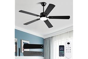 FUMLTP 56 inch Black Ceiling Fans with Lights and Remote/App Control, DC Reversible Motor, Noiseless, Dimmable, 6 Speeds Low Profile Modern Ceiling Fan for Livingroom, Indoor/Outdoor Use