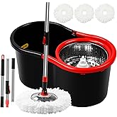 Spin Mop and Bucket with Wringer Set,360&deg; Mop and Bucket System with 3 Microfiber Mop Refills and 50" Extended Handle for Floor Cleaning (Black)