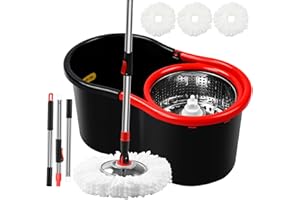 DAMGOLOZA Spin Mop and Bucket with Wringer Set,360° Mop and Bucket System with 3 Microfiber Mop Refills and 50" Extended Handle for Floor Cleaning (Black)