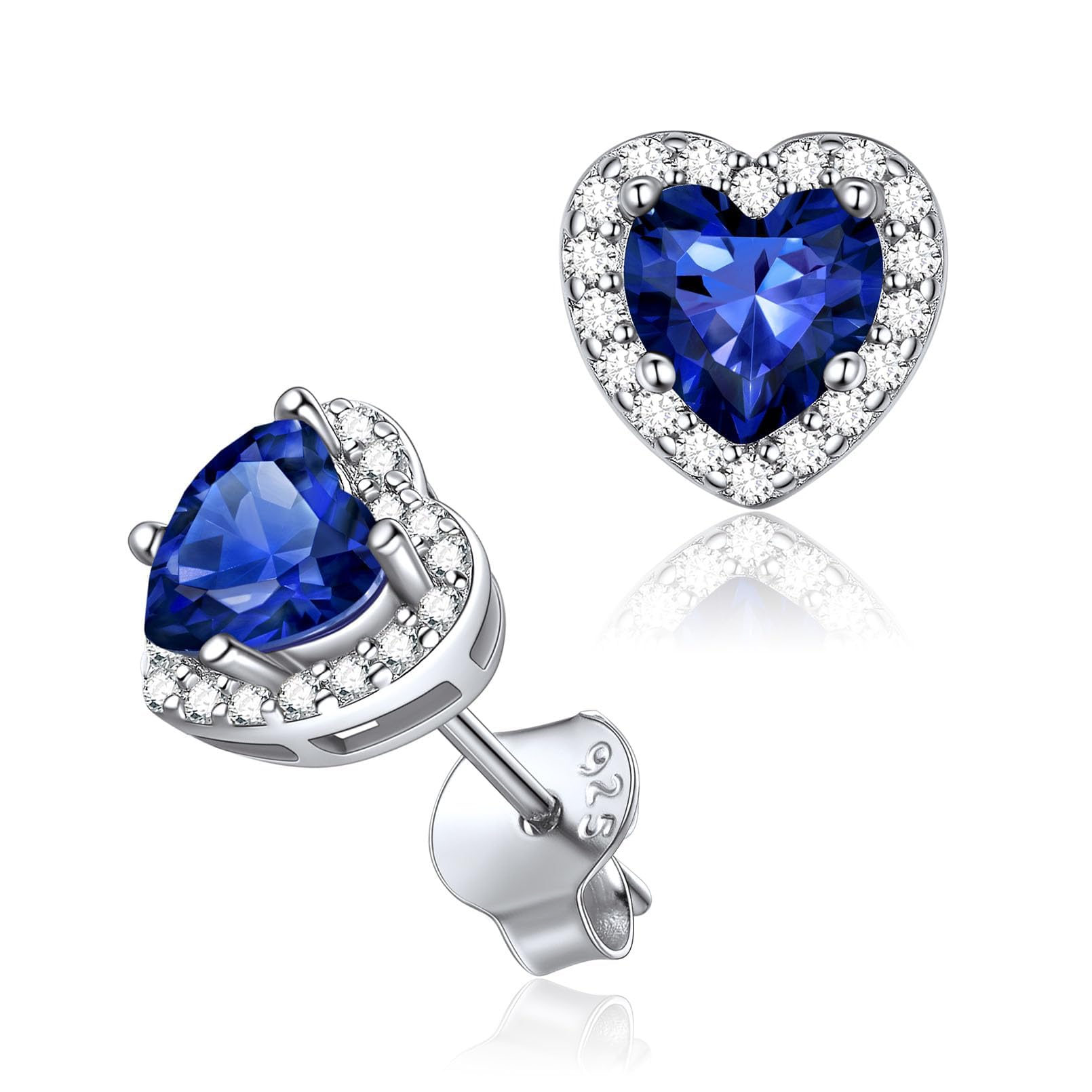 ChicSilver Sterling Silver Earrings Brilliant CZ Blue Sapphire Heart Earrings Hypoallergenic Silver September Birthstone Studs Earring