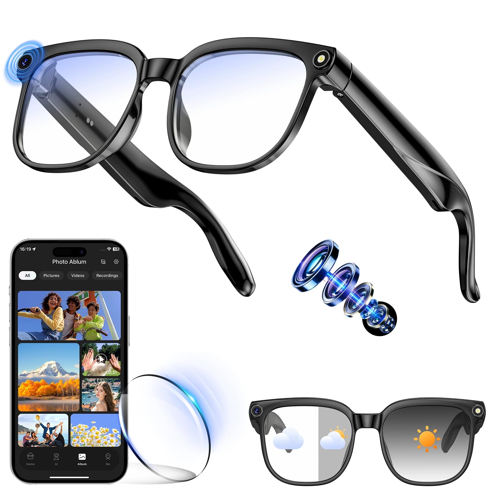 Photo 1 of Hwagol Smart Glasses with Camera, 8MP HD Photo and Video Recording,AI Glasses with Real-Time Translation/Object Recognition/AI Voice Q&A/Recording, Calls and Music,UV & Blue Light Protection