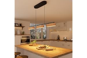 Glimchase 37.6" Linear Kitchen Island Lighting, 28W Wood Farmhouse Chandelier Dining Room Light Fixture, 3-Light Rustic Dimmable Pendant Lights for Kitchen Island Over Table