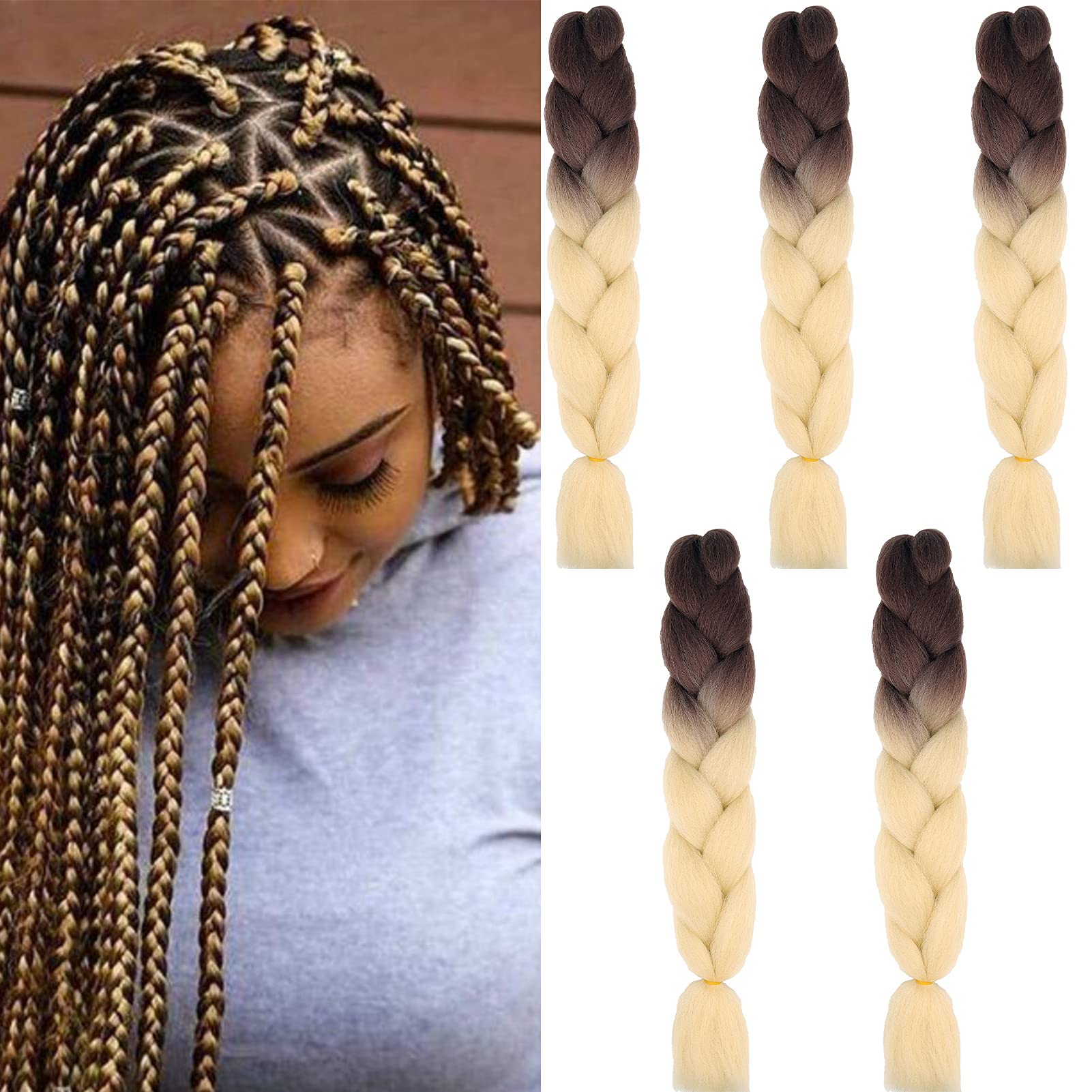 24" Braiding Hair Extension Jumbo Braids Synthetic 5bundles/pack Crochet Hair Afro Box Braid Heat Resistent (Brown&Beige)