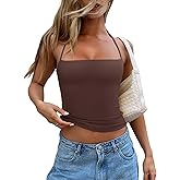 REORIA Womens Square Neck Halter Tank Tops Backless Crop Tops Sleeveless Double Lined Tops Y2K Going Out Outfits