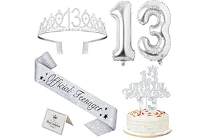 YEOHJOY 13th Birthday Decorations for Girls Silver with Official Teenager Sash and Crown, Cake Topper and Candles, Silver Number Balloons, 13 Year Old Girl Gifts