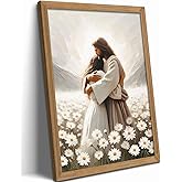 Jesus Hugging Girl Canvas Wall Art Jesus Embracing Woman Wall Decor Modern Christian Healing Embrace Mormon Prints Posters Christian Bible Painting for Bedroom Living Prayer Room 12x16 in Wood Framed