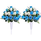 Hibsotco Set of 2 Artificial Cemetery Flowers with Vase,Grave Memorial Flowers,Artificial Rose Bouquet Decoration for Cemetery Headstones Gravesites (White & Blue, 2 Bouquets)