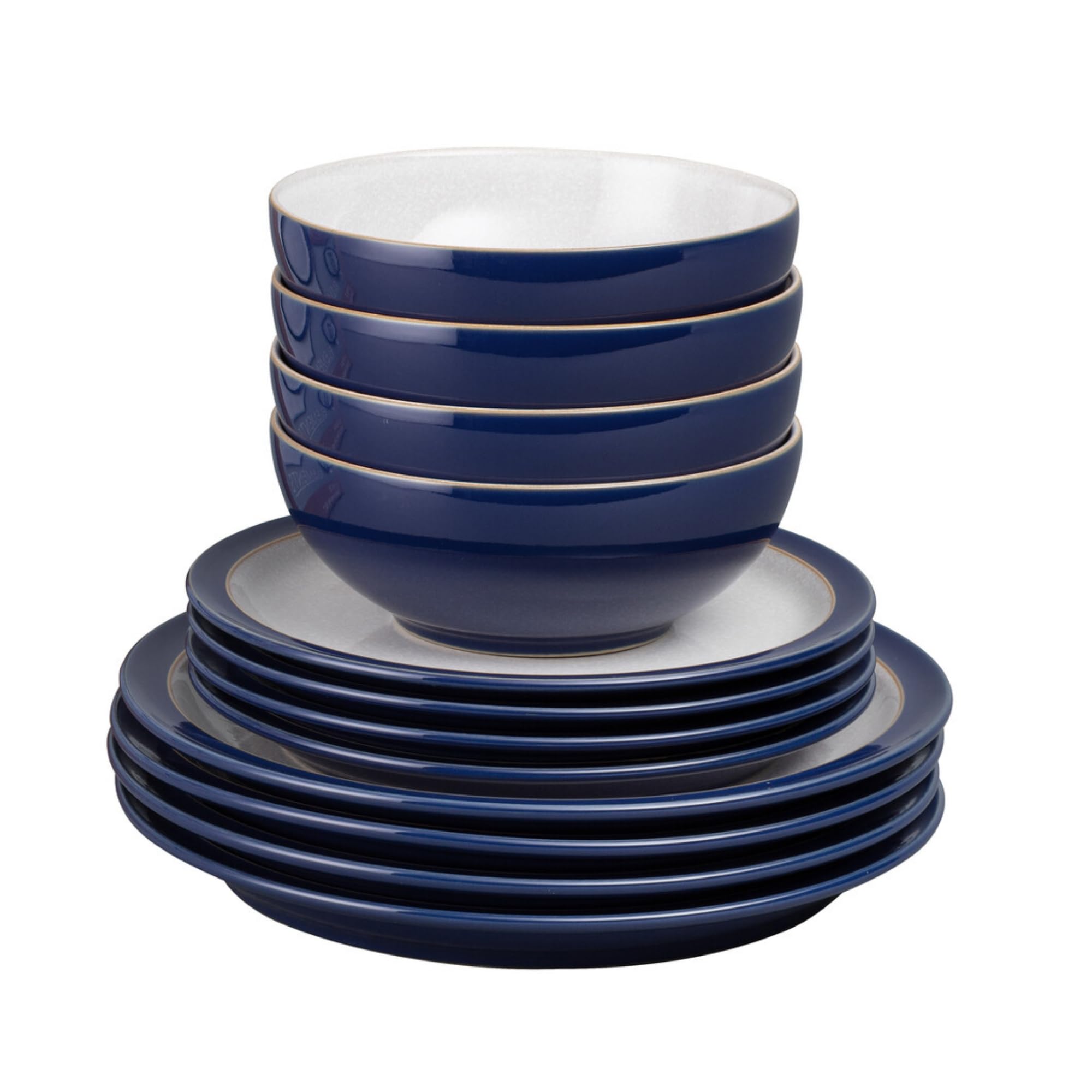 Denby - Elements Dark Blue Dinner Set For 4 - 12 Piece Ceramic Tableware Set - Dishwasher Microwave Safe Crockery Set - 4 x Dinner Plates, 4 x Medium Plates, 4 x Cereal Bowls