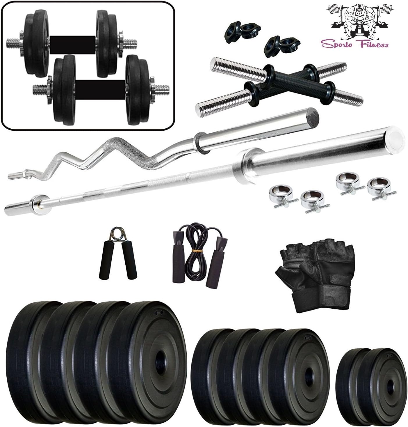 SPORTO FITNESS PVC-20 Kg Combo Home Gym and Fitness Kit, Multi (20 KG CURL STADE)