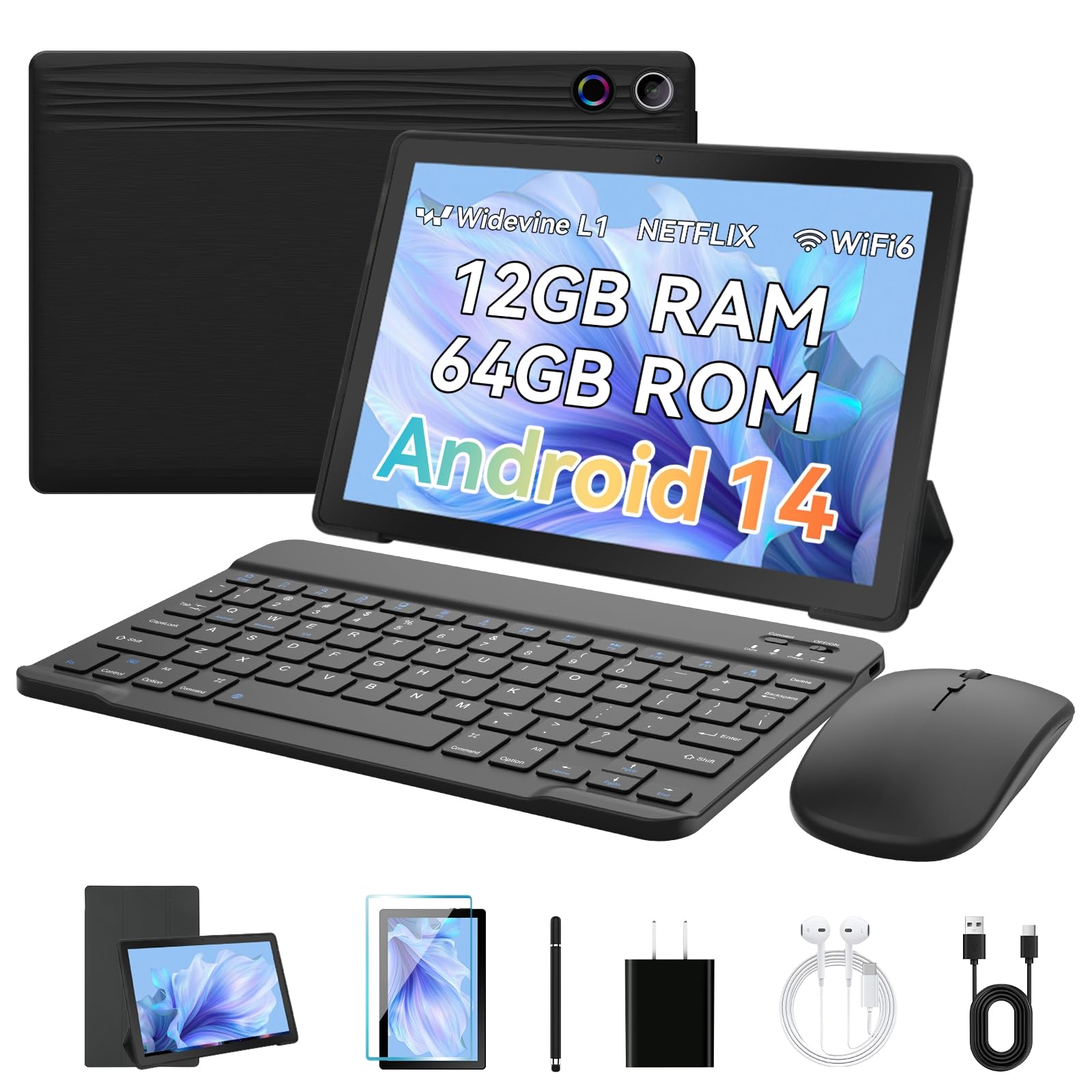 Tablets 10 inch Tablet Android 14,Octa-Core Processor,12GB RAM 64GB ROM 1TB Expand,5G WiFi 6,1280 x 800 HD/Dual 5MP+8MP Camere,Android Tablet with Keyboard+ Mouse + Case (Black, L)