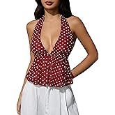 Milumia Women's Y2K Polka Dots Tie Backless Halter Top V Neck Ruffle Hem Peplum Going Out Crop Tank Tops
