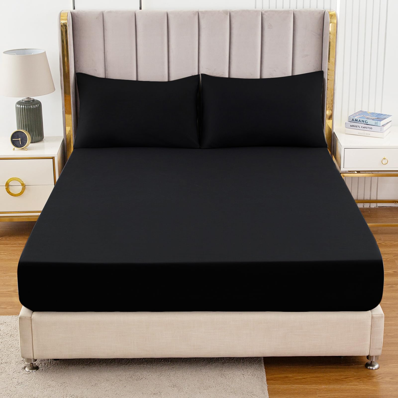 Soifox Double Fitted Sheet Black - Bed Sheets with Extra Deep Pocket 16 inch (40 cm), Soft Microfiber Bottom Sheet for Double Bed, 135x190cm — image 1