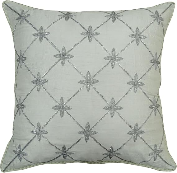 S4Sassy Poly Dupion Floral Embroidered White Pillow Cover Square
