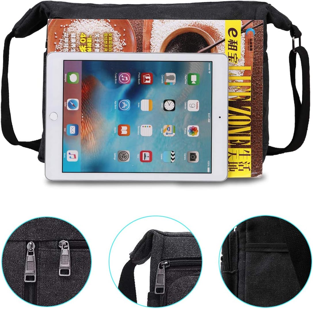 BOMKEE Messenger Bags for Men Shoulder Bag Water Resistant Canvas Crossbody Bag, Women Multi Pocket Casual Travel Bag (Black) - Image 5