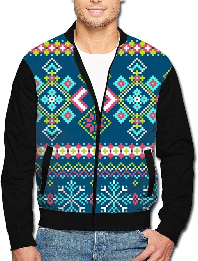 Christmas Bright Pattern Men's Stand Collar Zipper Jacket at Amazon Men