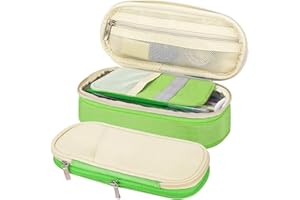 MoKo Big Capacity Pencil Pen Case, Large Capacity Storage Bag Pouch Box Makeup Pen Bag Cosmetic Bag Stationery Organizer Storage with Zippers for Office/School Supplies - Beige & Green