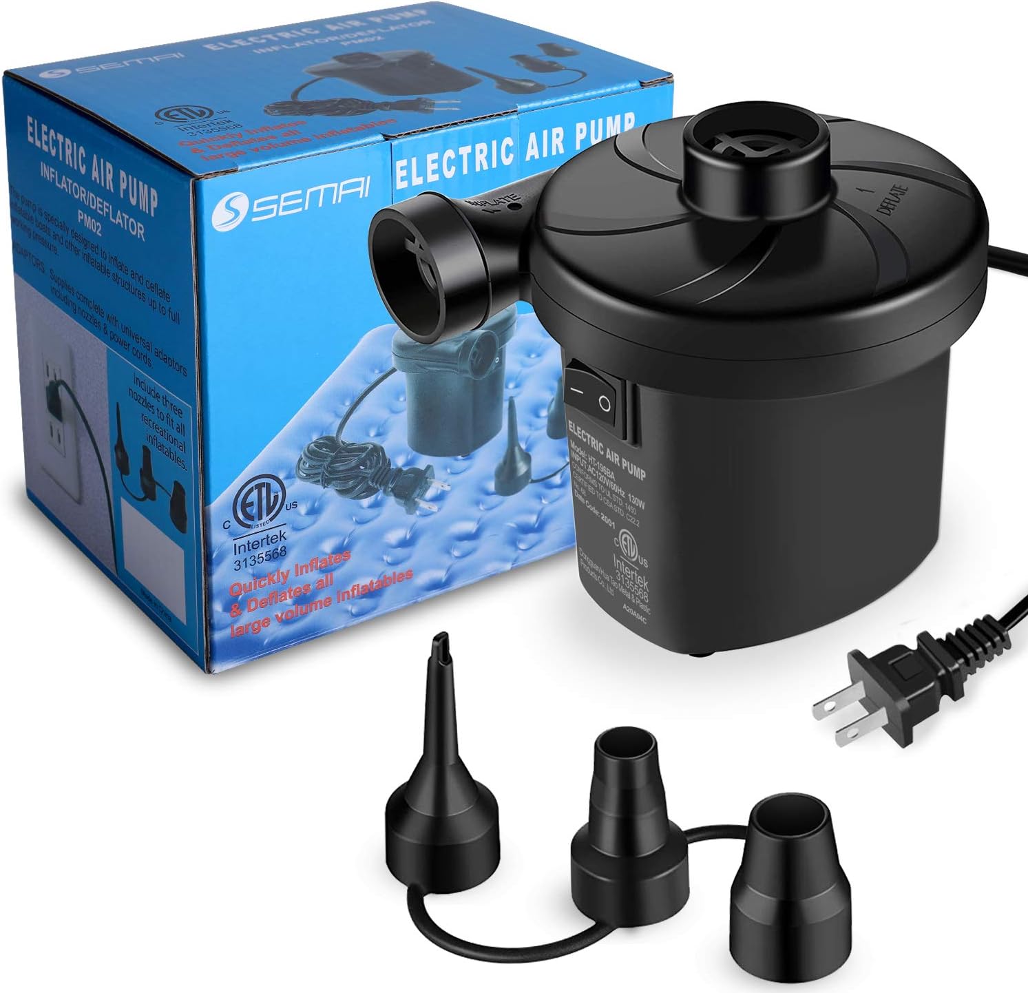 semai Electric Air Pump Portable Quick-Fill Air Pump for Inflatable Couch, Air Mattress, Swimming Ring, Inflatable Pool Toys, Powerful Electric Inflator/Deflator Air Pump with 3 Nozzles 110V AC: Sports & Outdoors