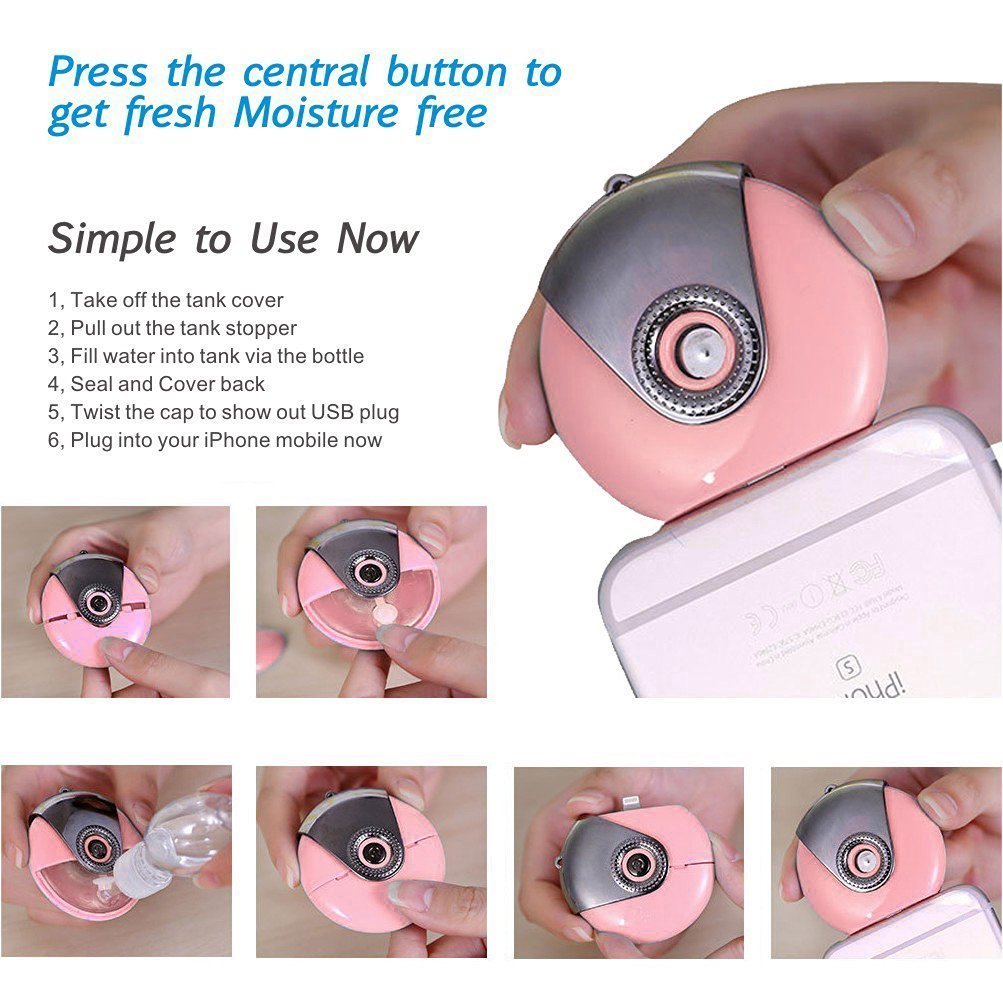 Mini facial sauna for phone,Humidifier Cell Phone Beauty Mist Spray Diffuser, Portable Mobile Phone Filling Water Meter for iPhone7/7plus/ 5/5s/5c/6/6s Plus/SE (Pink)