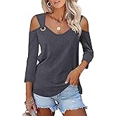 Minetom Women's V Neck 3/4 Sleeve Shirts Cold Shoulder Tops Basic Summer Tees